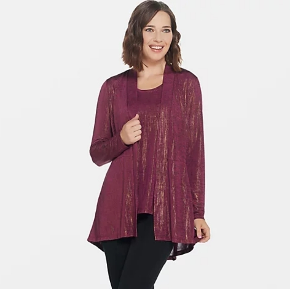 SUSAN GRAVER "As Is" Foil Print Open Front Long Sleeve Cardigan 1X Longline